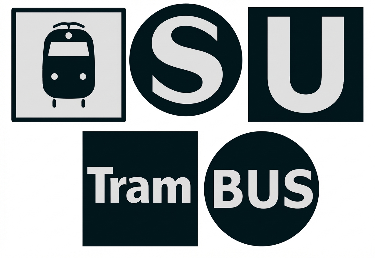 Symbole für öffentliche Verkehrsmittel: Zug, S-Bahn, U-Bahn, Tram und Bus